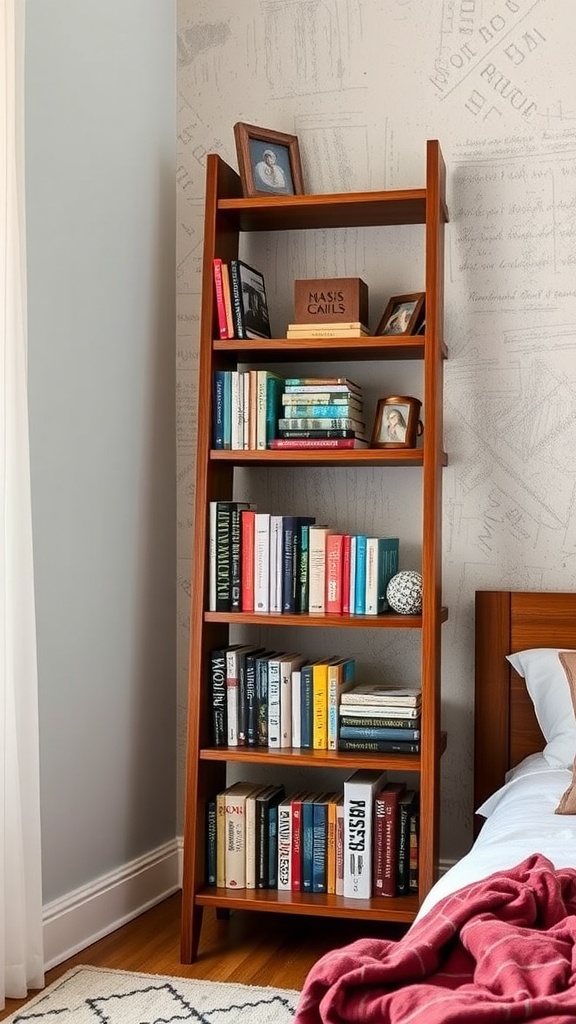 A wooden ladder-style bookshelf with various books and decorative items, positioned beside a bed in a cozy bedroom.