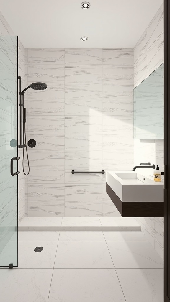 Modern bathroom with large format porcelain tiles, featuring a sleek design and minimalistic decor.