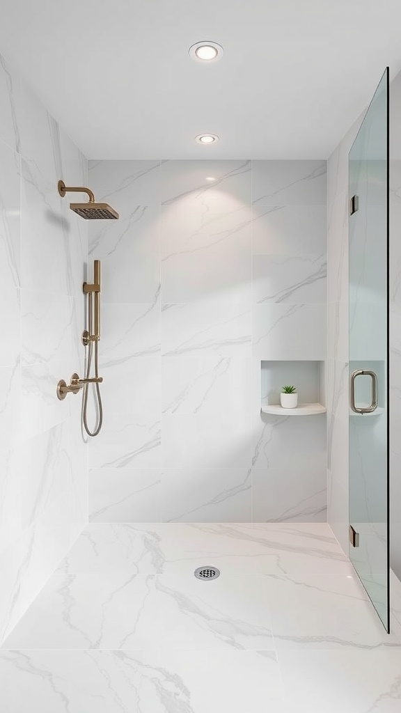 A modern bathroom shower featuring large format tiles with a light marble pattern, a gold shower head, and a clear glass door.