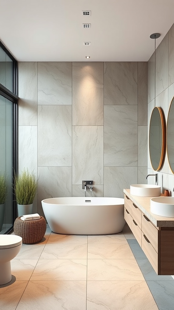 A modern bathroom featuring large format tiles on the floor and walls, with a freestanding bathtub, double sinks, and natural light.