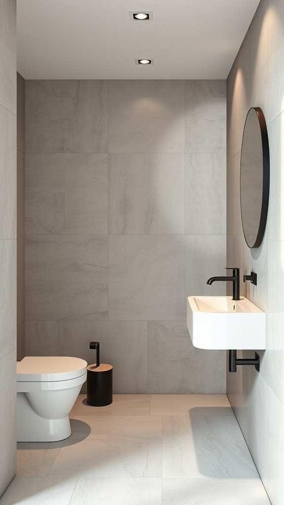 A small bathroom featuring large format gray tiles, a white sink, and a toilet, creating a minimalist design.