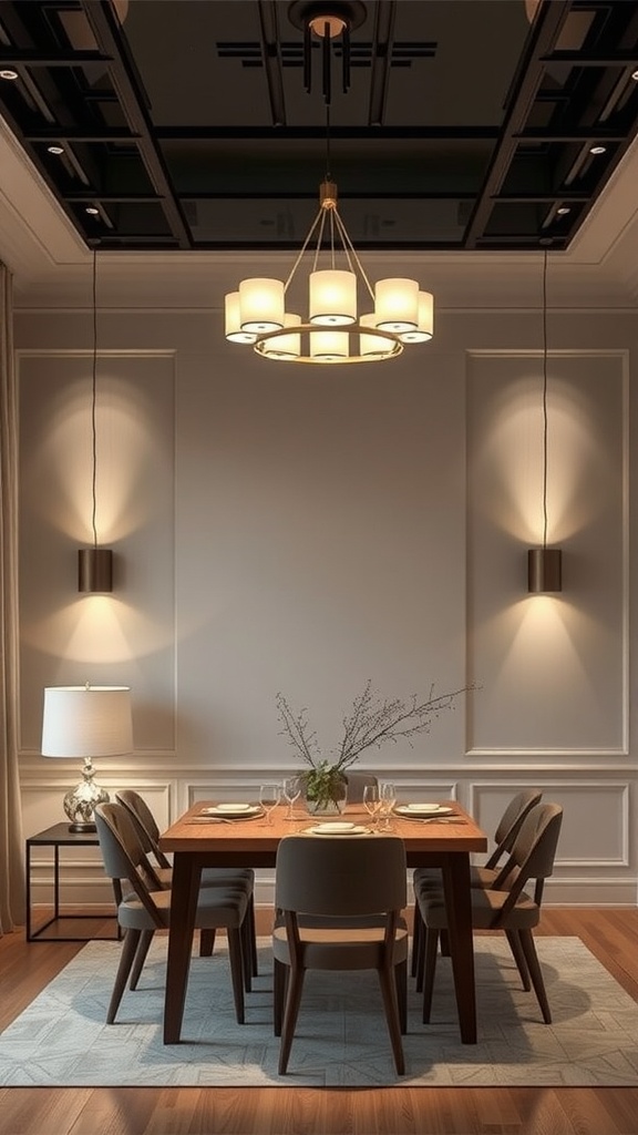 A transitional dining room featuring layered lighting with a chandelier, wall sconces, and a table lamp.