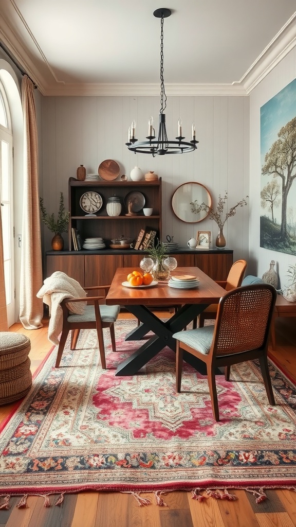 Cozy farmhouse dining room with a decorative rug, wooden table, and cushioned chairs.