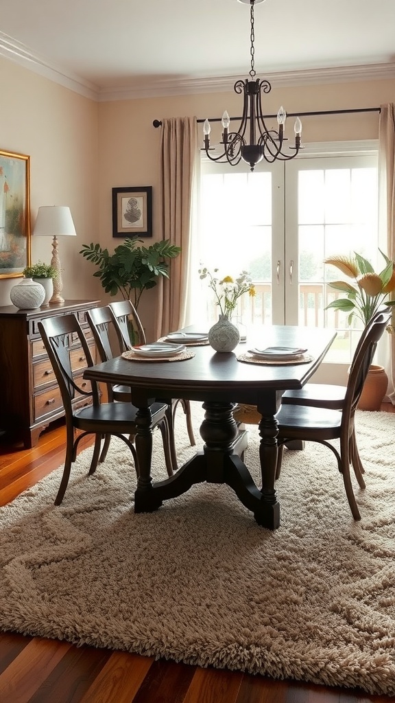 Cozy dining room featuring a plush area rug under a dark wooden dining table with stylish chairs.