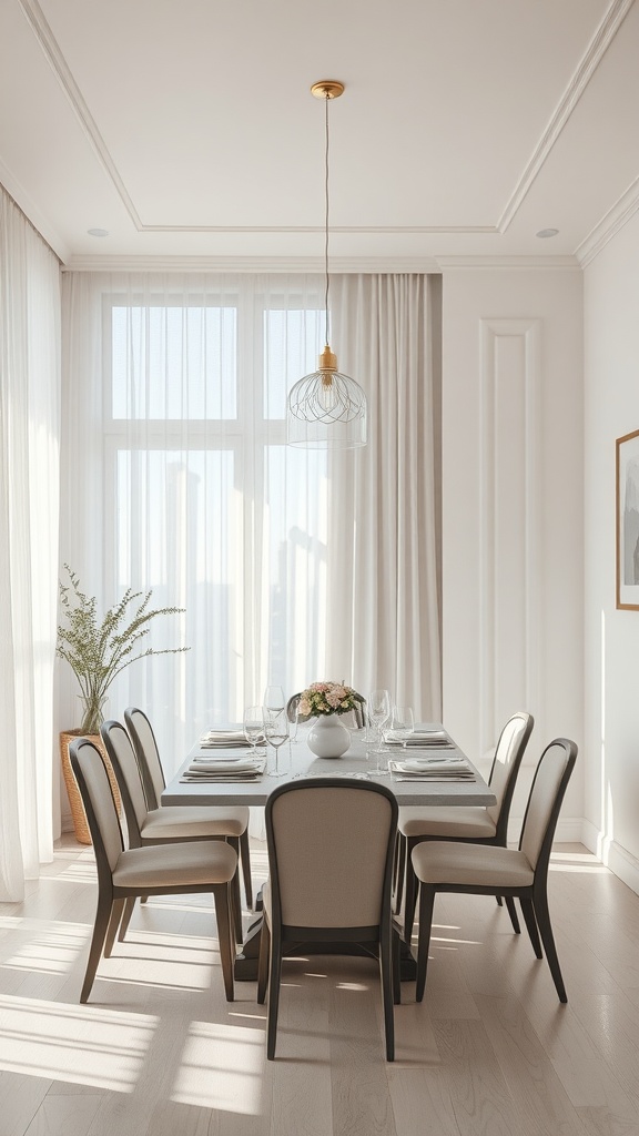 Bright and airy dining room with neutral decor, featuring a wooden table, elegant chairs, and a floral centerpiece.