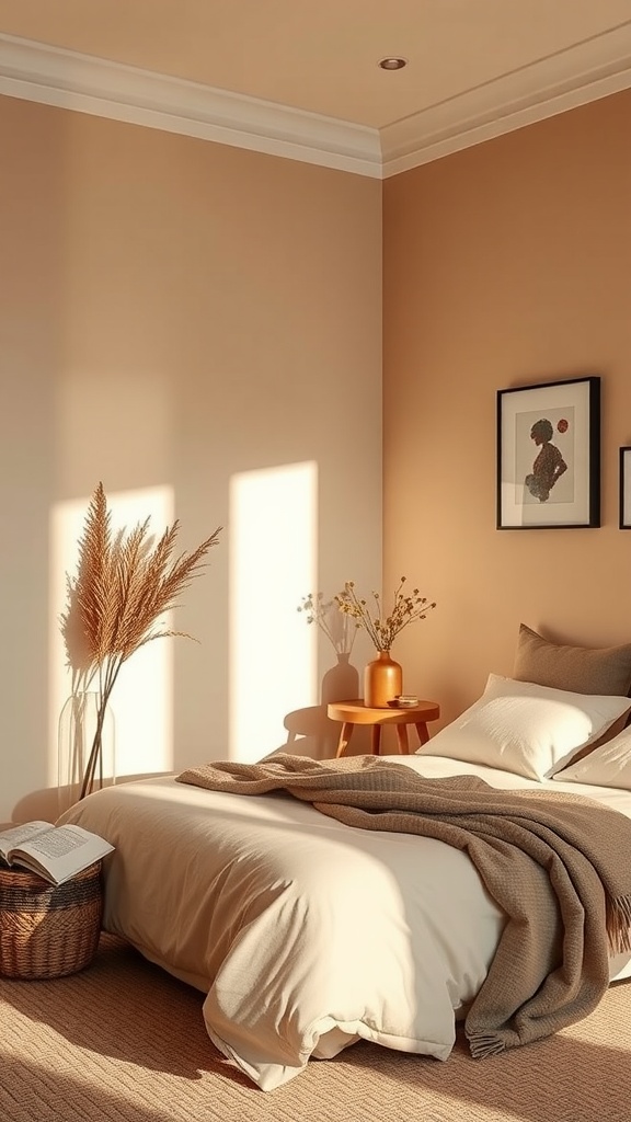 A minimalist bedroom with light khaki walls and soft bedding, featuring sunlight casting shadows and natural decor.