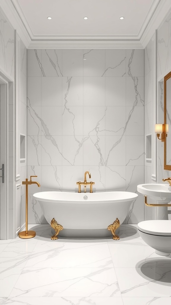 A luxurious bathroom with marble tiles, a freestanding bathtub, and gold fixtures.