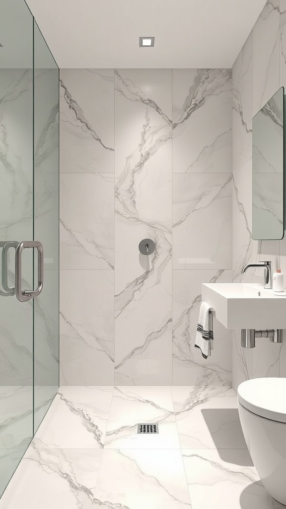 Luxurious bathroom with marble effect tiles and modern fixtures