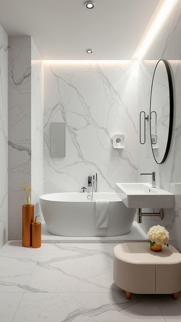 Large luxury bathroom featuring marble-effect porcelain tiles, freestanding tub, and modern fixtures.