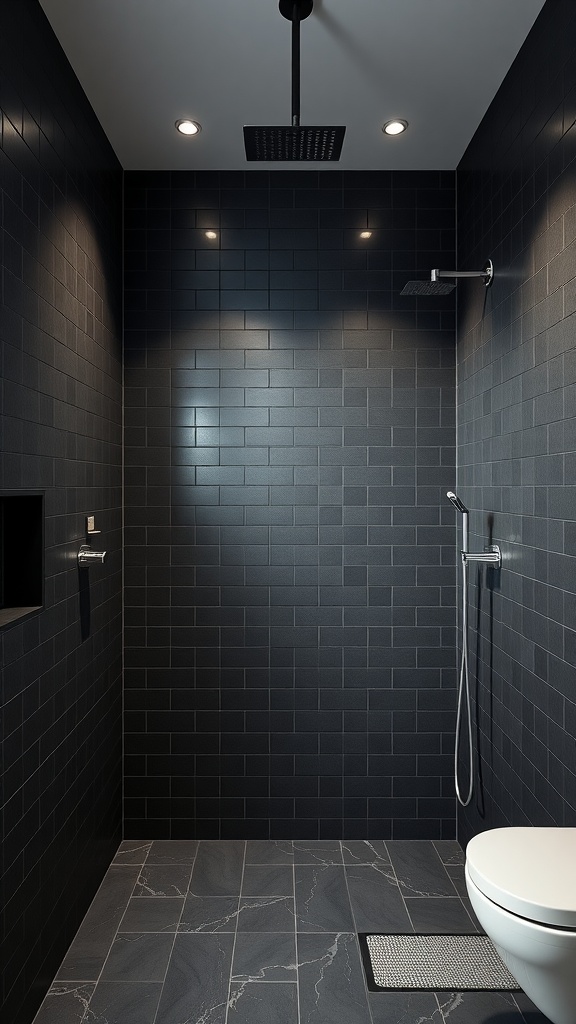 Modern bathroom shower with matte black tiles and minimalist design