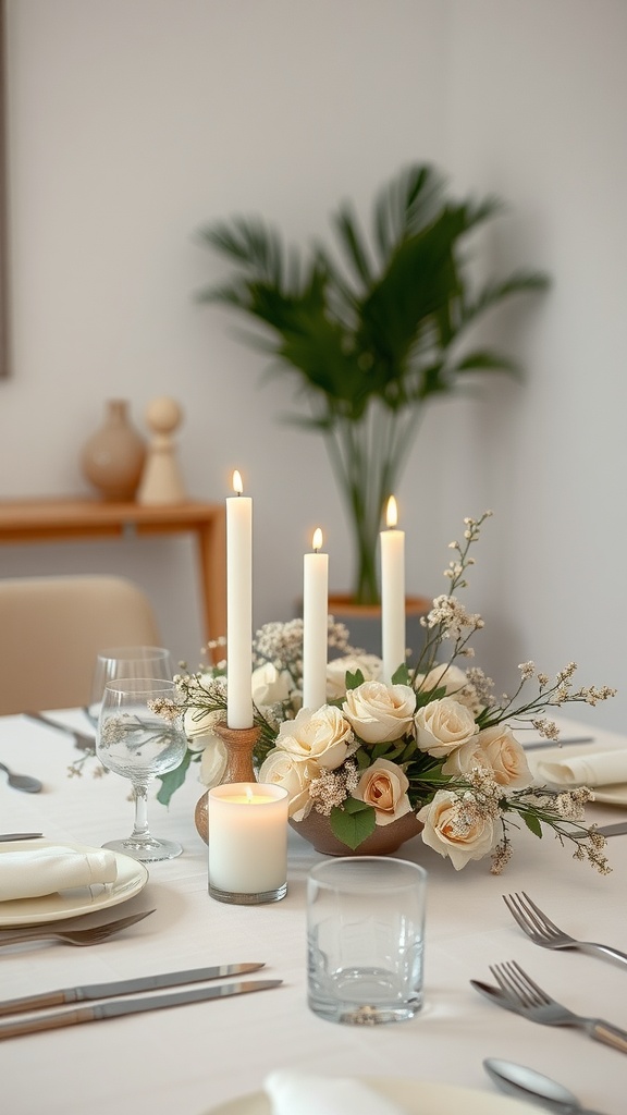 A minimalist dining table centerpiece featuring white candles, soft roses, and subtle greenery, set in a cozy dining room.