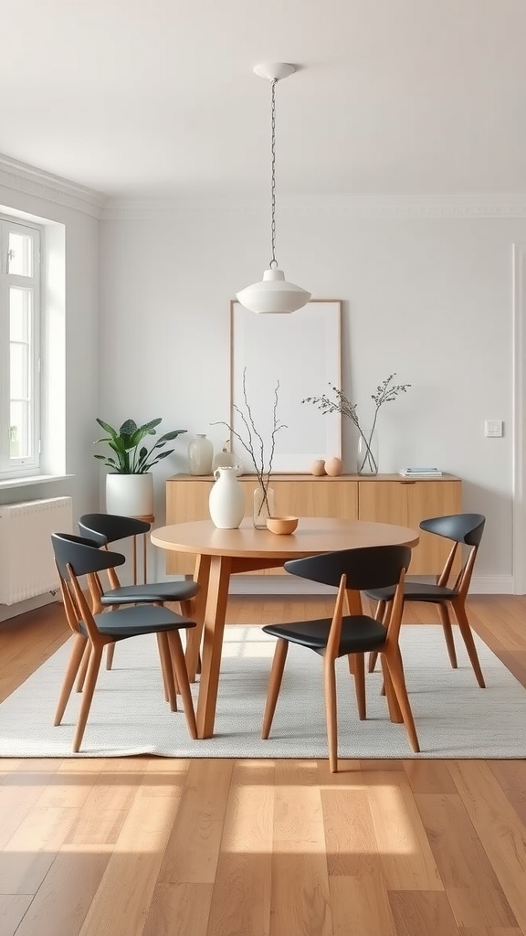 Minimalist dining room featuring a round table and stylish chairs with a cozy and airy feel.