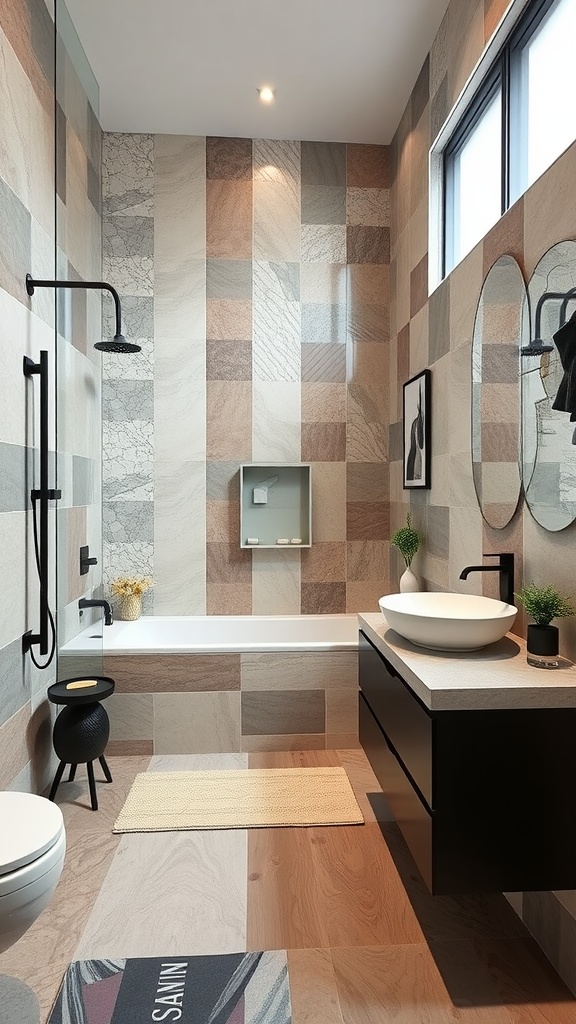 A modern bathroom featuring mixed material tiles in various colors and shapes.