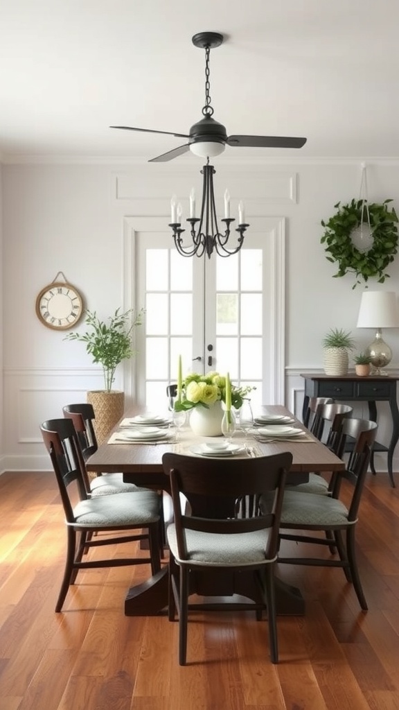 A cozy farmhouse dining room featuring a blend of traditional and modern elements, with a wooden table, stylish chairs, and decorative plants.