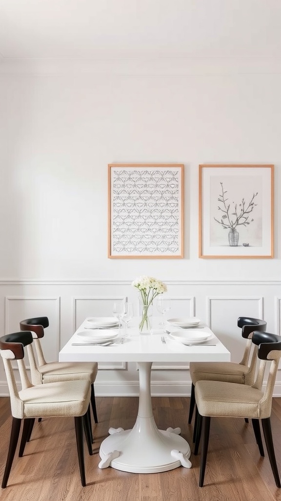 A cozy dining room setting with neutral decor, featuring patterned art and elegant table settings.