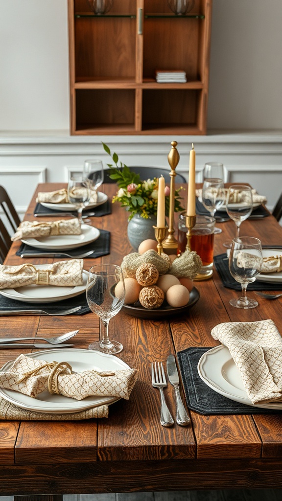 A transitional dining room table set with various textures, including wooden table, fabric napkins, and glassware.