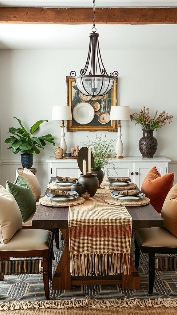 A cozy and stylish dining room featuring a wooden table, neutral cushions, and decorative elements.