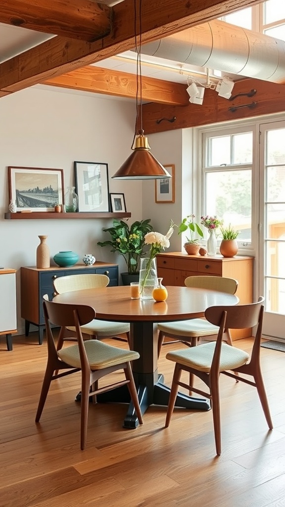 A cozy dining room featuring a mix of vintage and modern decor elements.