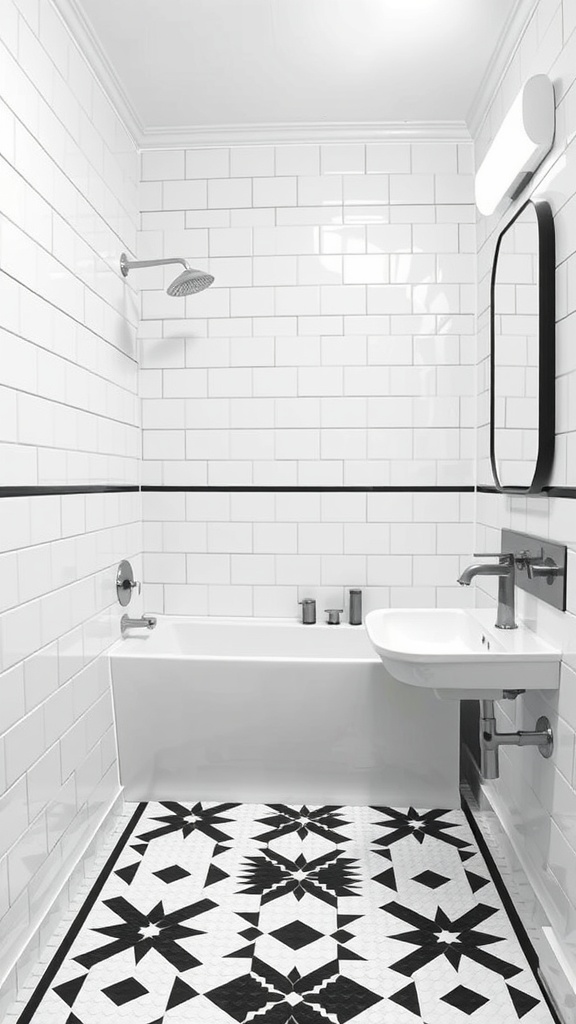 A modern luxury bathroom featuring geometric black and white tile on the floor and white subway tiles on the walls.