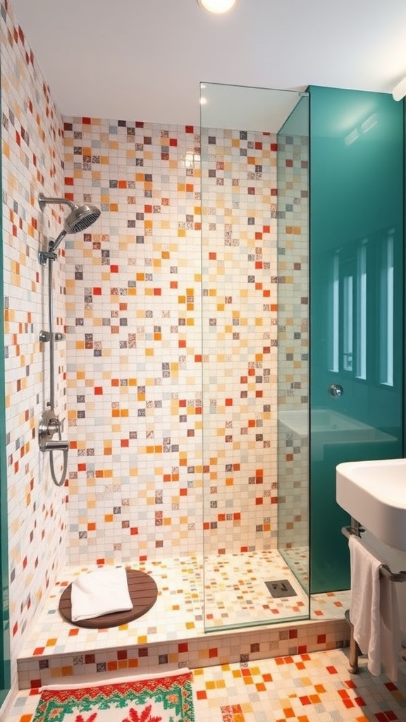 Colorful mosaic tiles in a shower, showcasing a mix of patterns and vibrant colors.