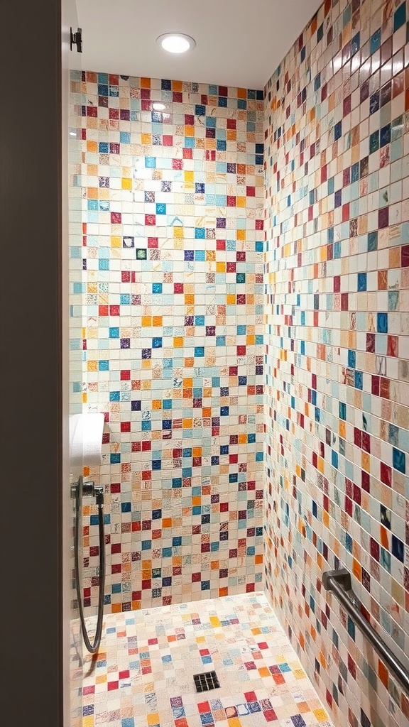 Colorful mosaic tiles in a shower nook