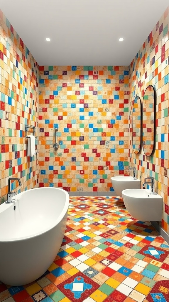 A colorful bathroom featuring mosaic tiles on the walls and floor