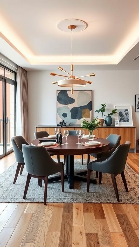 A stylish multi-functional dining room with a round table, comfortable chairs, and modern lighting.