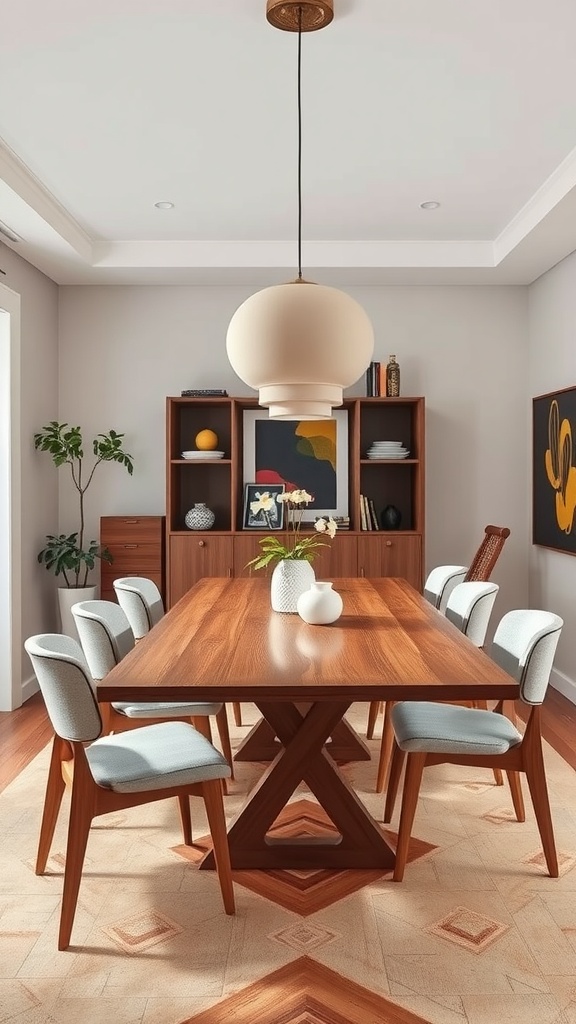 A transitional dining room featuring a wooden table surrounded by light-colored chairs, with a cabinet in the background.