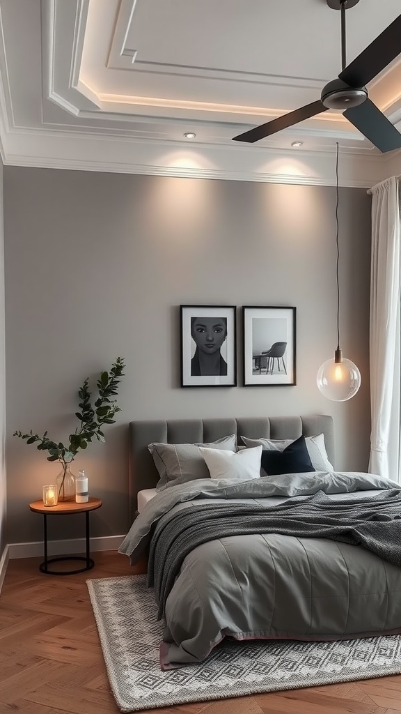 A cozy bedroom featuring muted gray walls, a plush bed, and warm lighting.