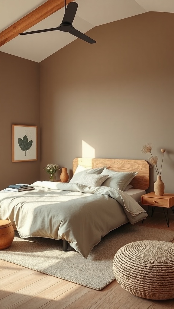 A minimalist bedroom featuring muted mushroom walls, light wooden furniture, and natural decor