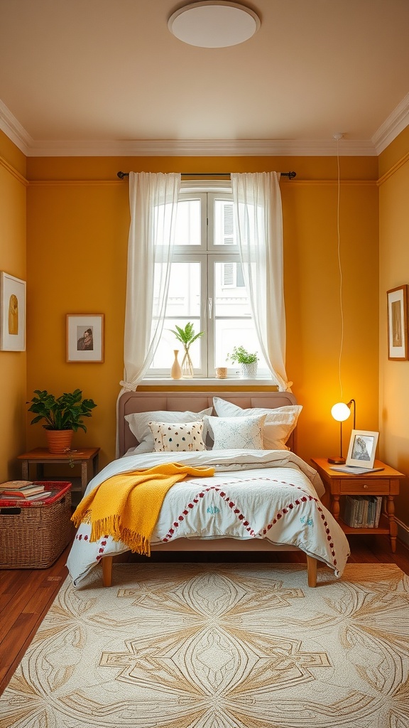 A cozy bedroom featuring muted mustard walls, a soft bed with decorative pillows, a window with sheer curtains, and a warm rug on wooden flooring.