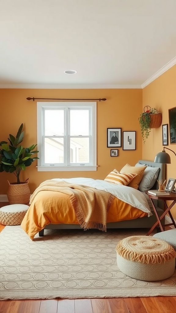 A cozy bedroom featuring muted mustard yellow walls, a gray bed with mustard accents, and a warm, inviting atmosphere.