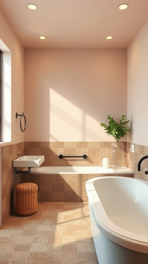 A modern bathroom featuring warm brown tiles, a white bathtub, and muted pastel accents, creating a serene and inviting atmosphere.