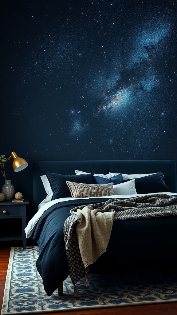 A cozy bedroom with navy blue walls designed to resemble a starry night sky, featuring a comfortable bed with layered blue and white bedding.