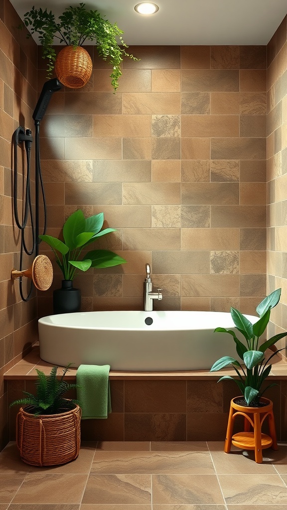 A cozy bathroom with brown tiled walls, a white bathtub, and various green plants for a natural aesthetic.