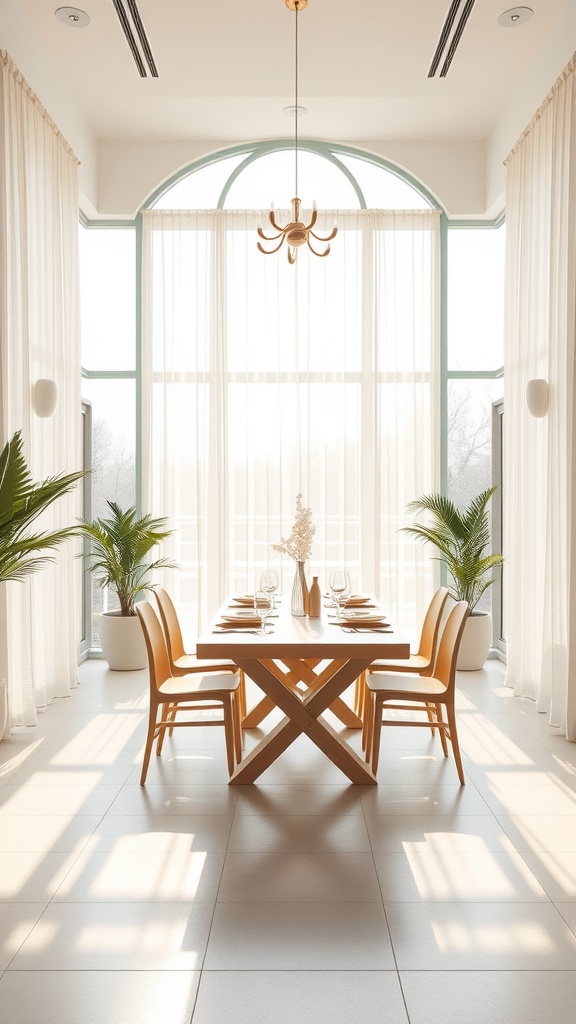 Bright and airy Scandinavian-inspired dining room with large windows and natural light.