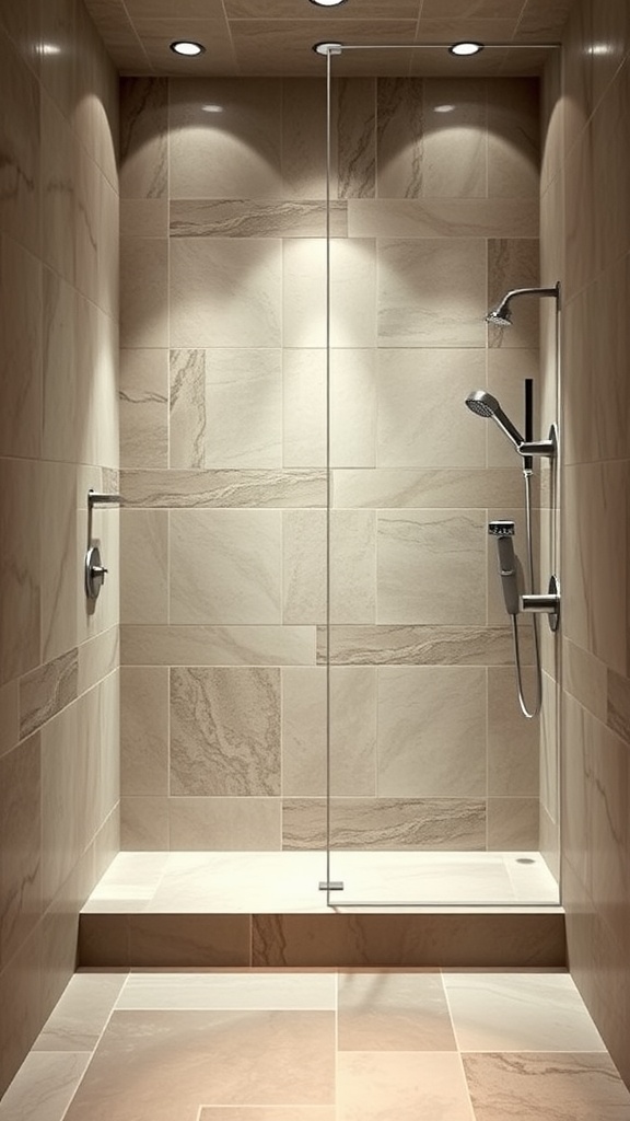 A modern shower featuring natural stone tiles in soft earth tones, with a glass partition and sleek fixtures.