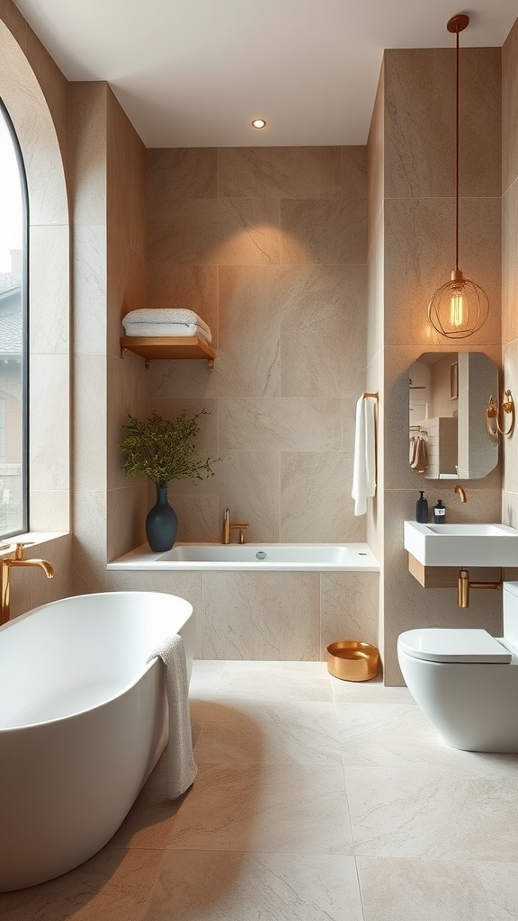 Luxury bathroom featuring natural stone tiles, a freestanding bathtub, and modern fixtures.