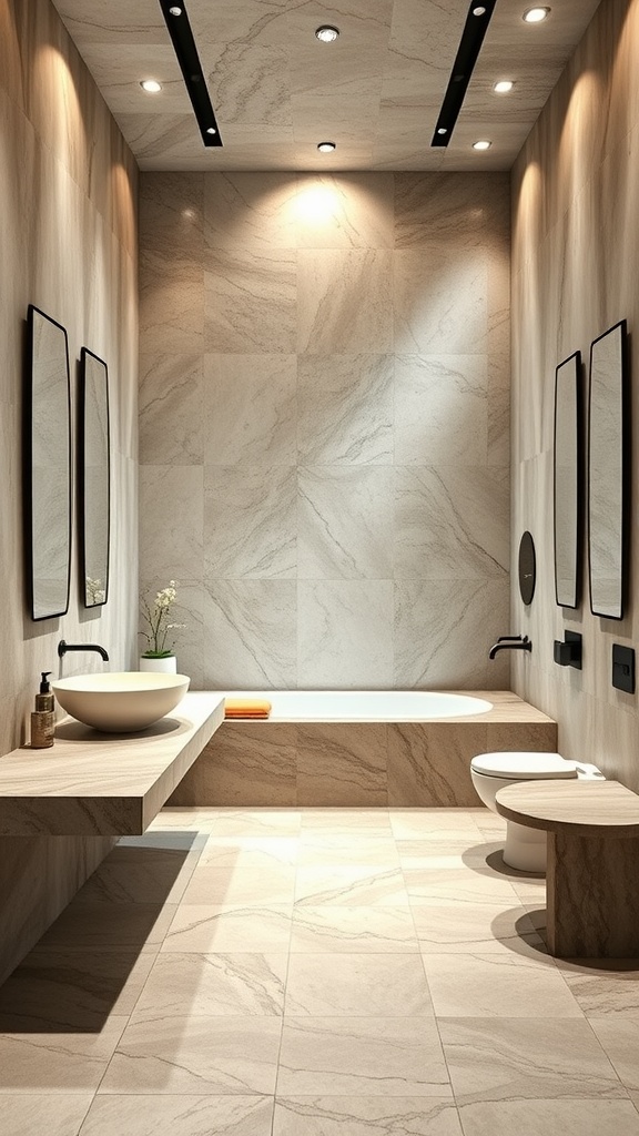 A luxurious bathroom featuring large natural stone tiles on the floor and walls, with a modern bathtub and sink.