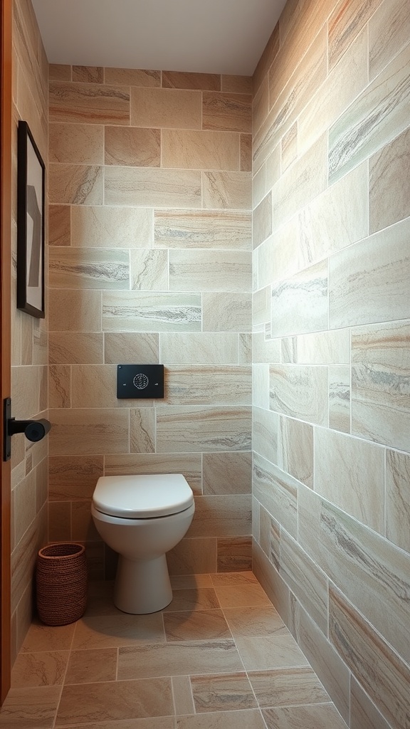 A small bathroom with natural stone tiles on the walls and floor, featuring a modern toilet and a woven basket.