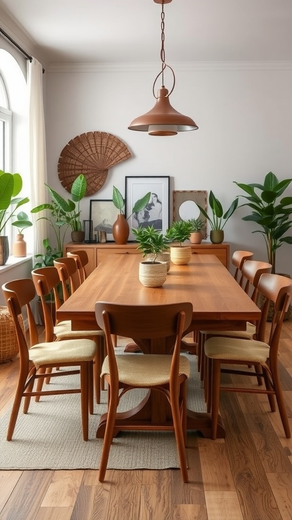 A beautifully styled dining room featuring a large wooden table with matching chairs, surrounded by plants and warm decor.