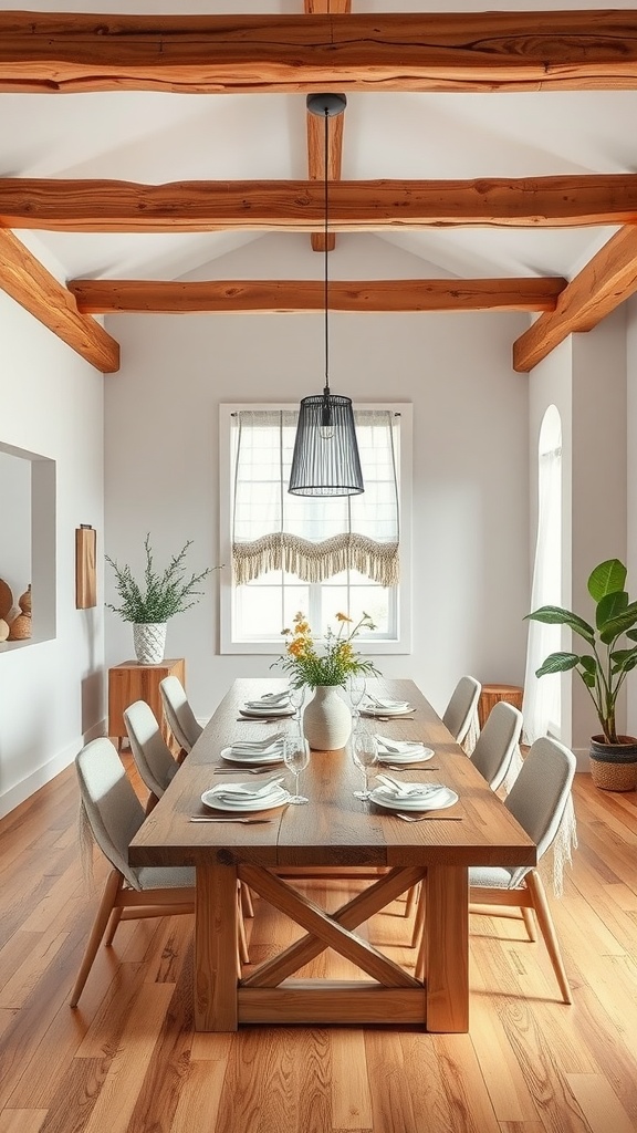 Cozy farmhouse dining room with natural wood finishes, featuring a large wooden table and soft chairs.