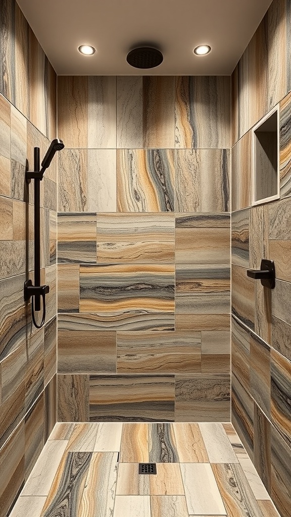 Nature-inspired tiled shower with earthy tones in a modern bathroom