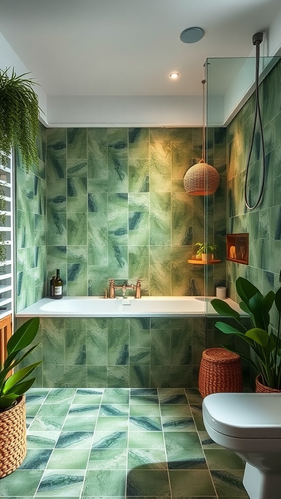 A bathroom featuring nature-inspired green tiles with a relaxing atmosphere