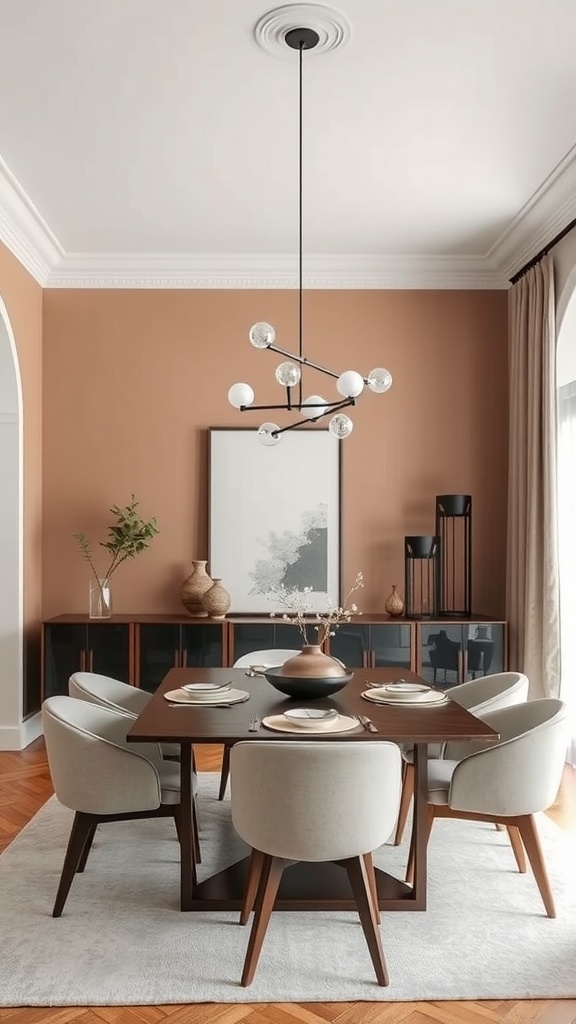 Neutral dining room featuring a round black table and wooden chairs with a warm beige backdrop