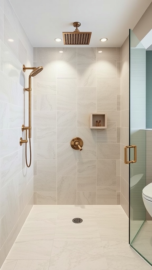 A modern bathroom shower with neutral tiles and gold fixtures.