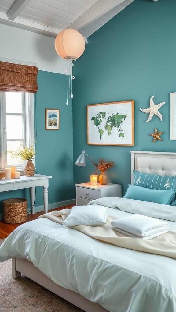 A serene bedroom with ocean-inspired teal walls, cozy bedding, and decorative elements like starfish.