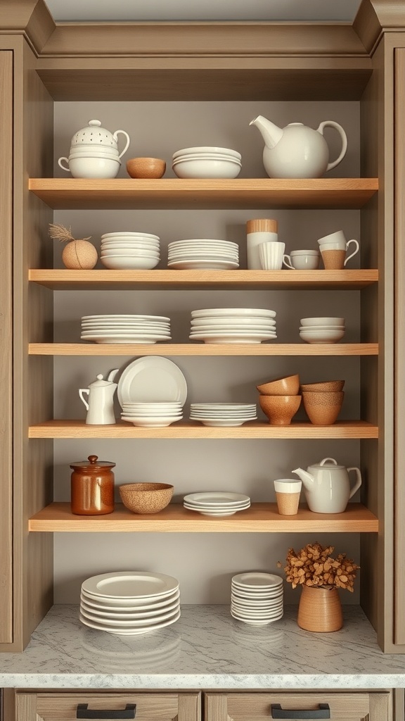 Open shelving displaying neutral dishware in a cozy dining room.