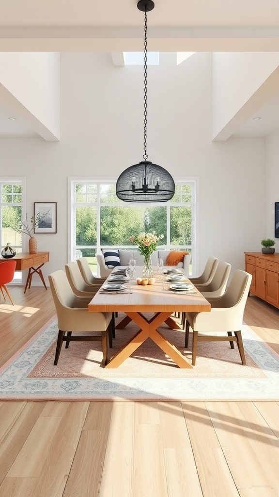 Spacious dining room with natural light, neutral decor, and plants.