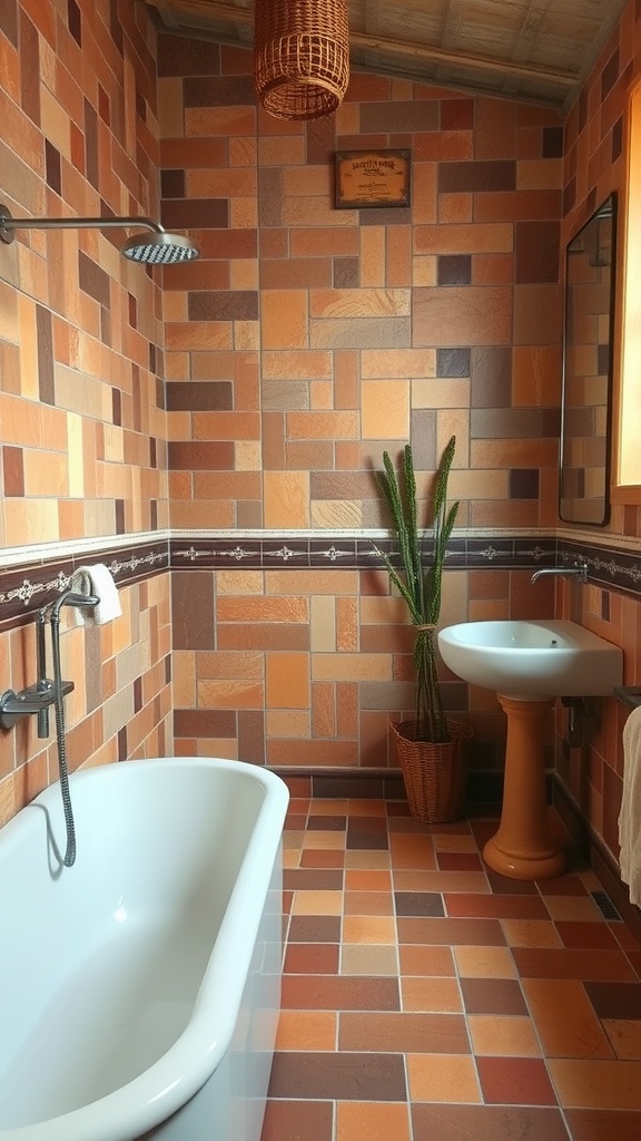 A spacious luxury bathroom featuring terracotta tiles with brown and orange hues, a white bathtub, and a potted plant.